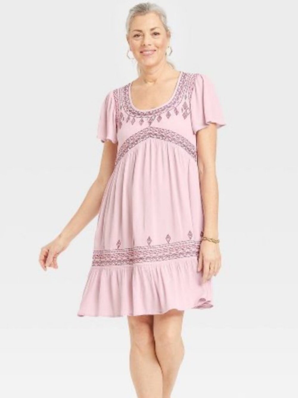 Knox Rose Light Pink Embroidered Short Sleeve Dress Loose Fit Boho Western